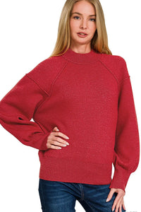 Zenana Red Mock Neck Exposed Seam Sweater
