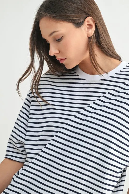 Mono B Coastal Cotton Striped Oversized Crewneck Tee