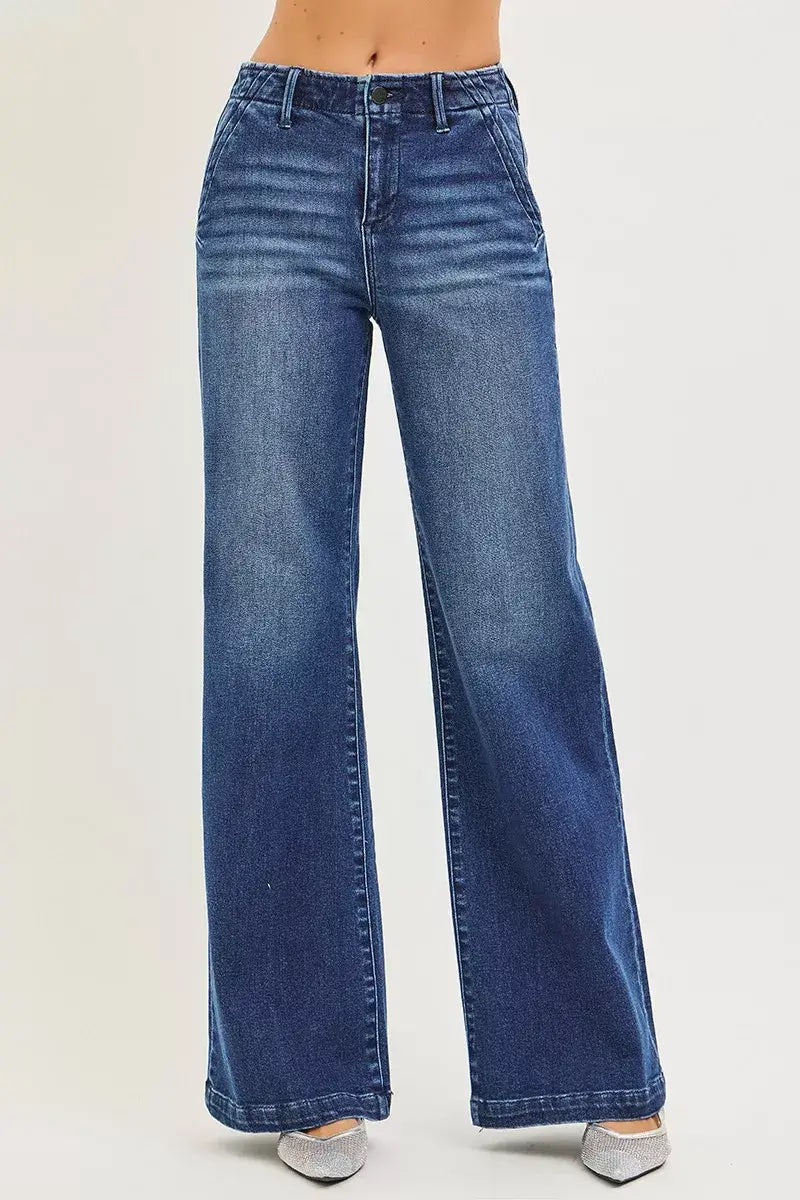Risen High Rise Wide Leg Slanted Pocket Jeans
