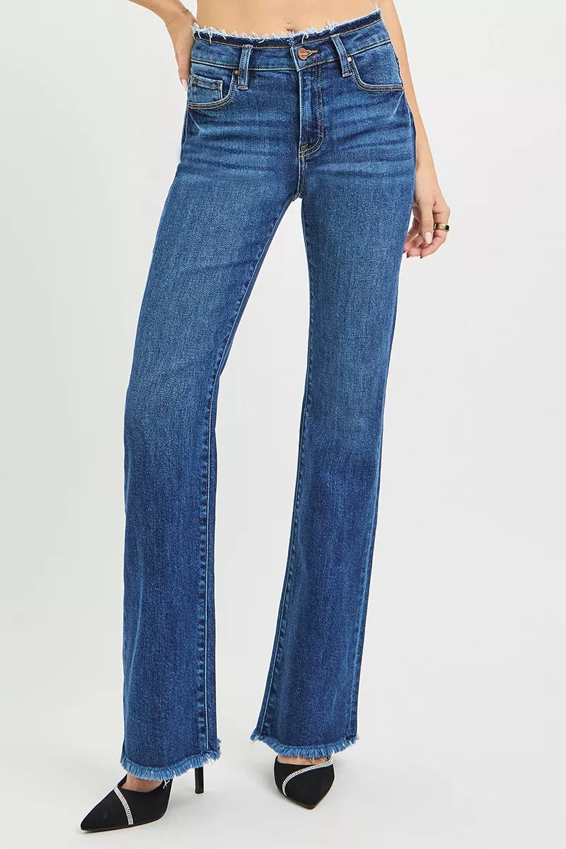 Risen Mid Rise Frayed Waistband Bootcut Jeans