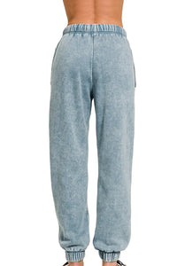 Zenana Acid Wash Fleece Jogger Sweatpants in Blue Grey