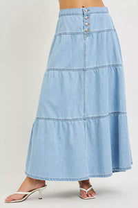 Risen Tiered Denim Maxi Skirt - Light Wash