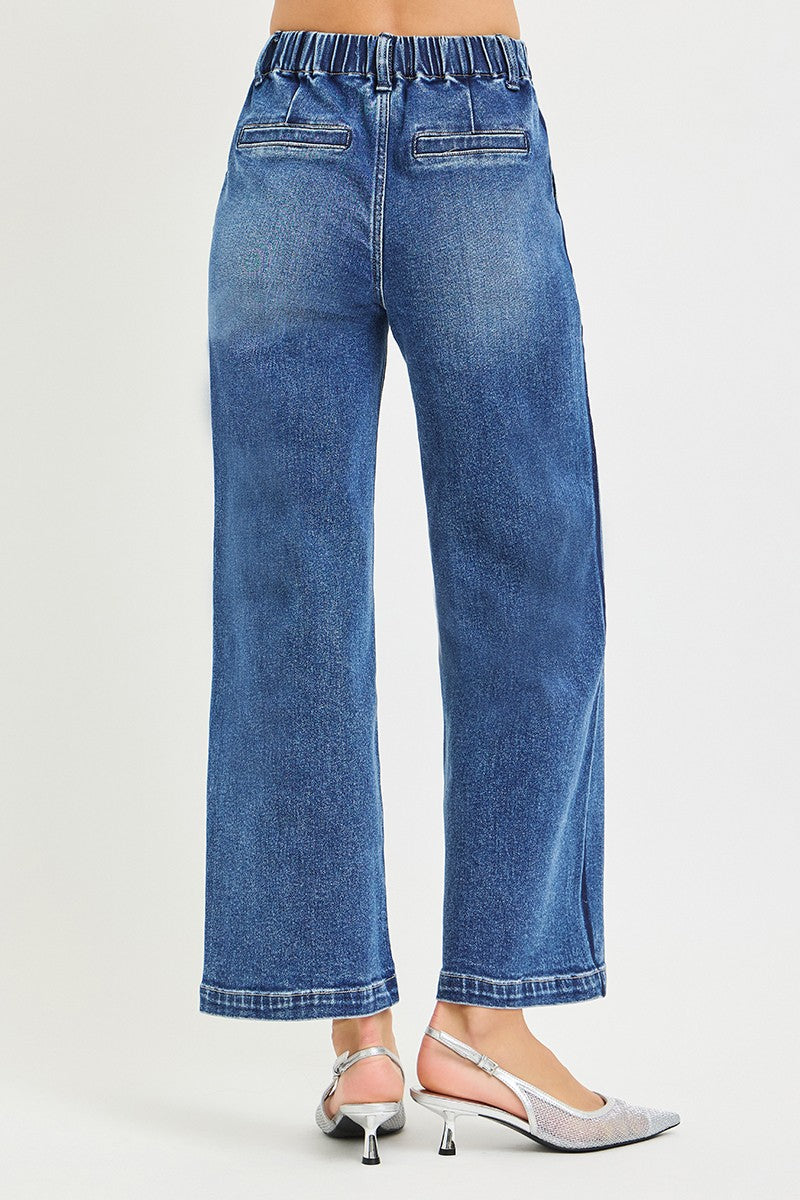 Risen High Rise Drawstring Waist Cropped Wide Leg Jeans