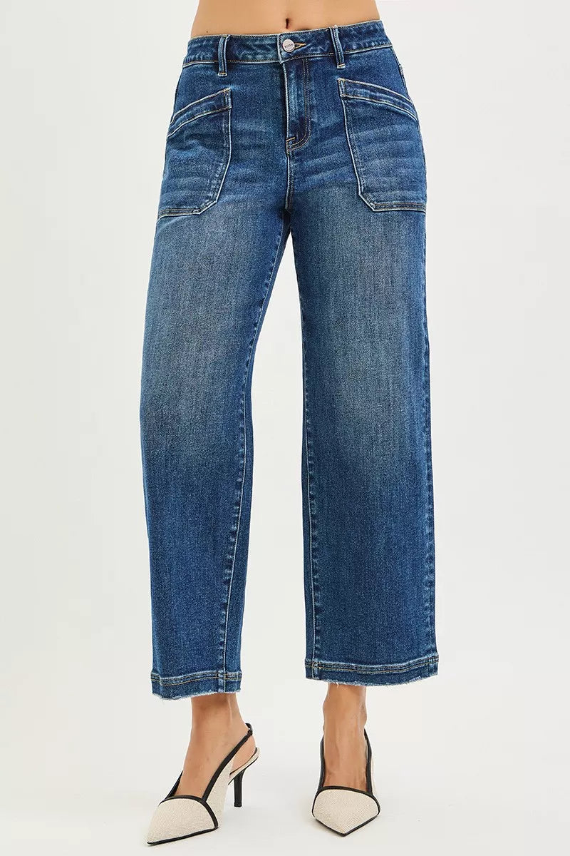 Risen Mid Rise Slouchy Cropped Baggy Patch Pocket Jeans