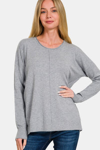 Gray Front Seam Round Neck Sweater