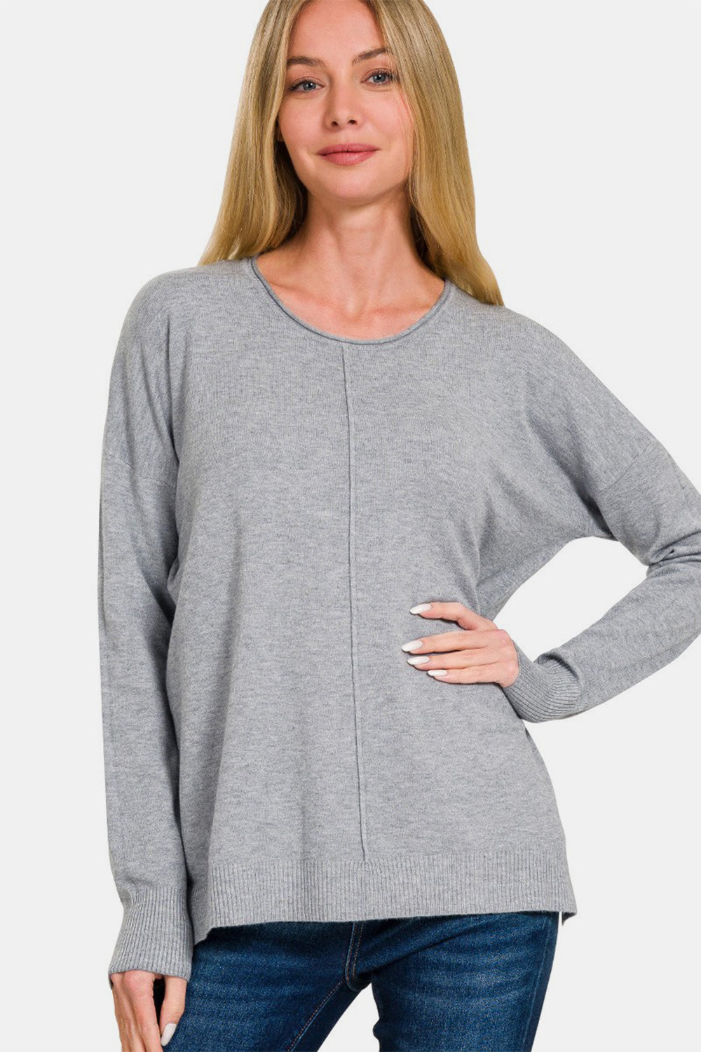 Gray Front Seam Round Neck Sweater