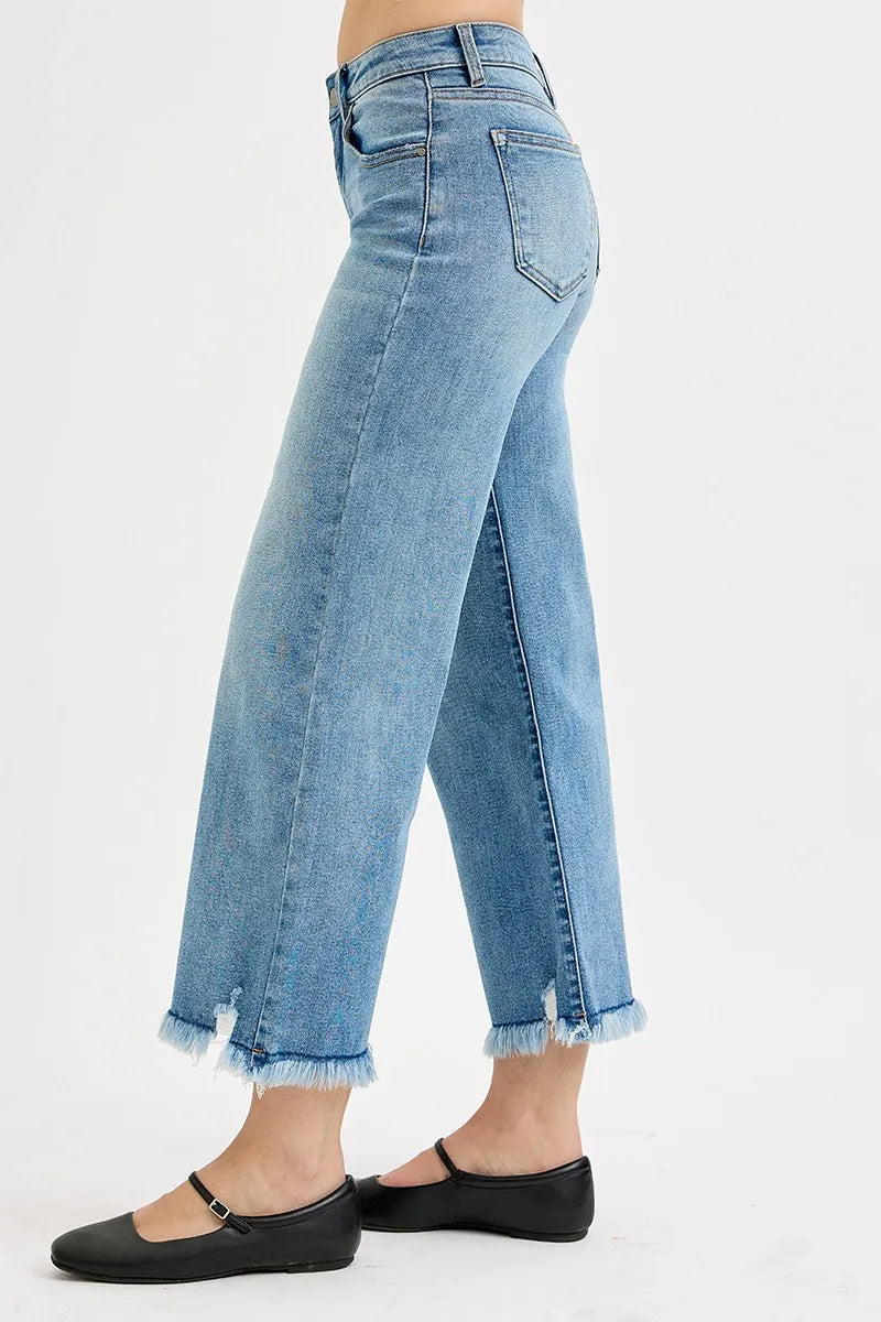 Risen Mid Rise Crop Wide Leg Frayed Hem Jeans