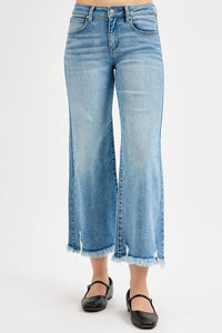Risen Mid Rise Crop Wide Leg Frayed Hem Jeans