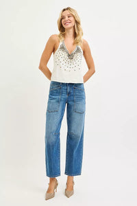 Risen Mid Rise Patch Pocket Barrel Jeans