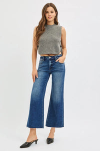 Risen Mid Rise Crop Wide Leg Raw Hem Jeans