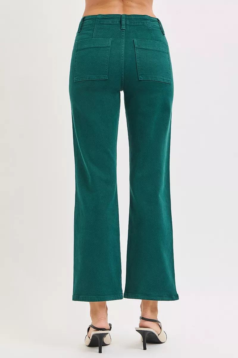 Risen High Rise Ankle Flare Patch Pocket Jeans in Hunter Green