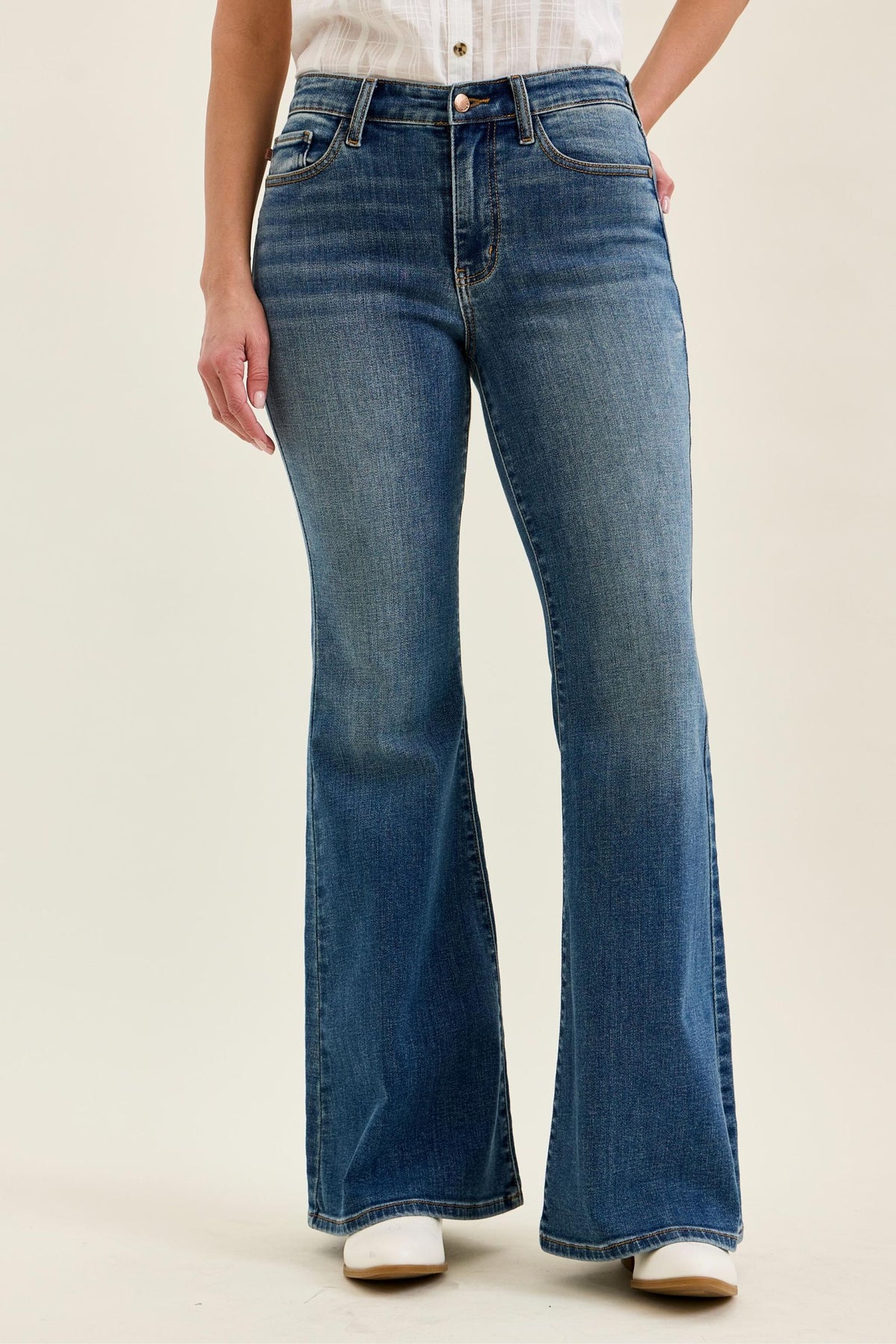 Judy Blue Mid Rise Jaqueline Flare Jeans with Embroidered Back Pockets
