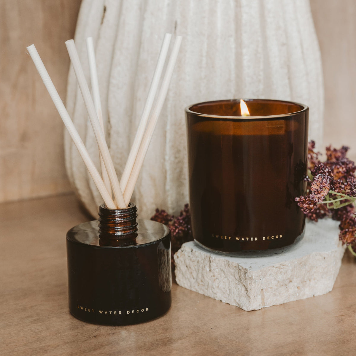 Sweet Water Decor Hello Fall Amber Tinted Glass Jar Reed Diffuser
