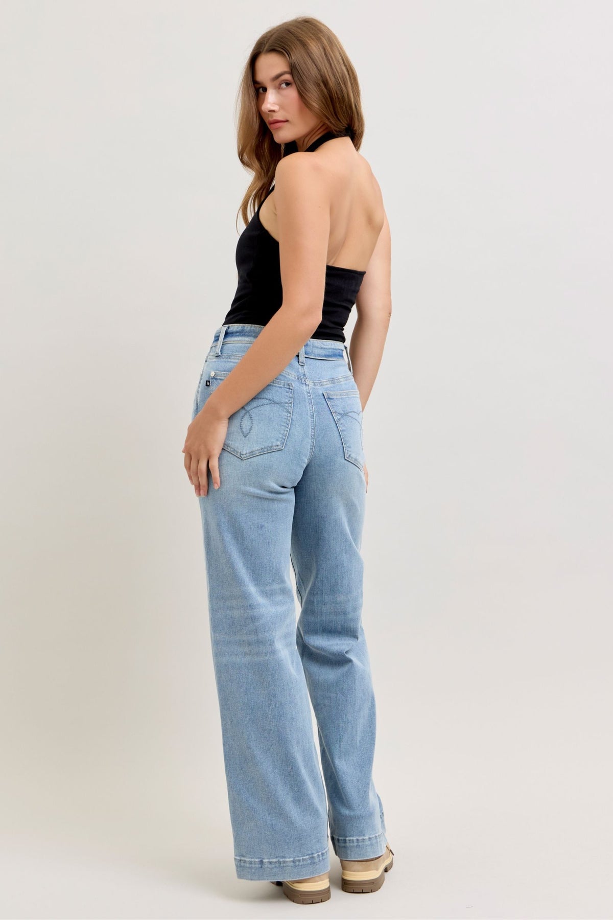 Judy Blue Mid Rise Fold-Over Waistband Retro Wide Leg Jeans