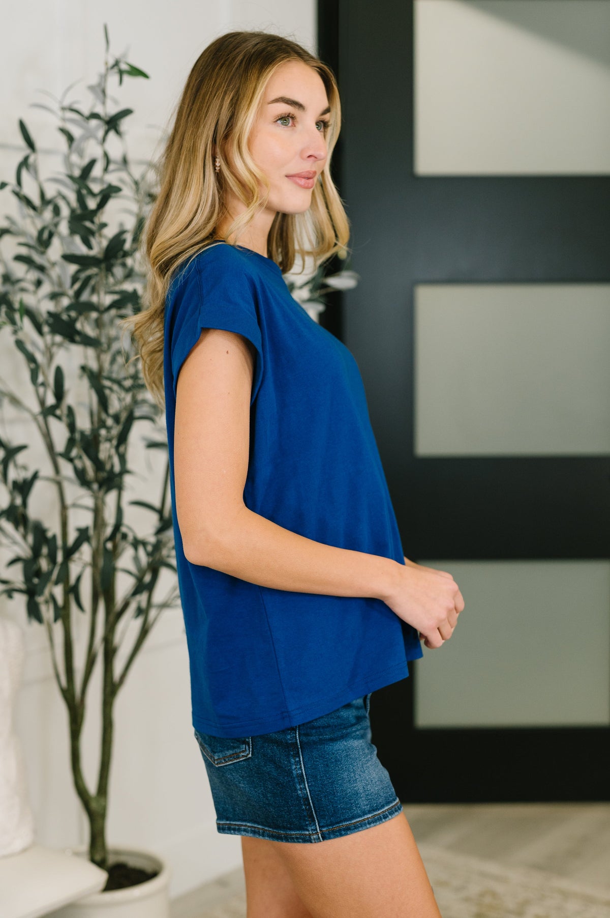 Basic Rolled Sleeve Tee in Light Navy