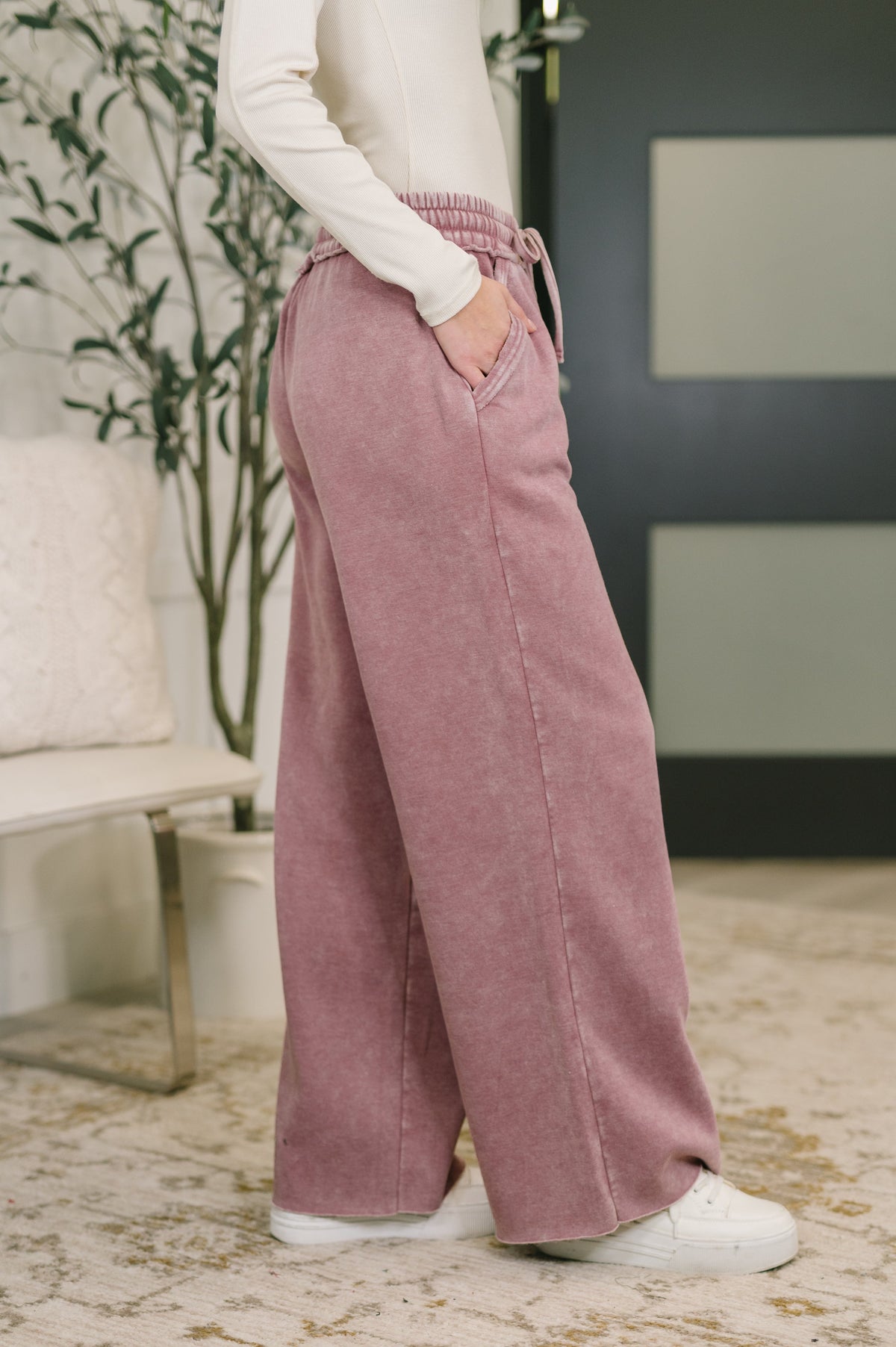 Zenana Acid Wash Fleece Palazzo Sweatpants with Pockets in Light Rose