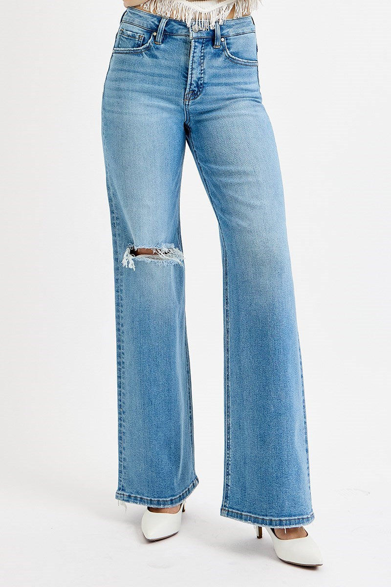 Risen Tummy Control Knee Distress Wide Leg Jeans