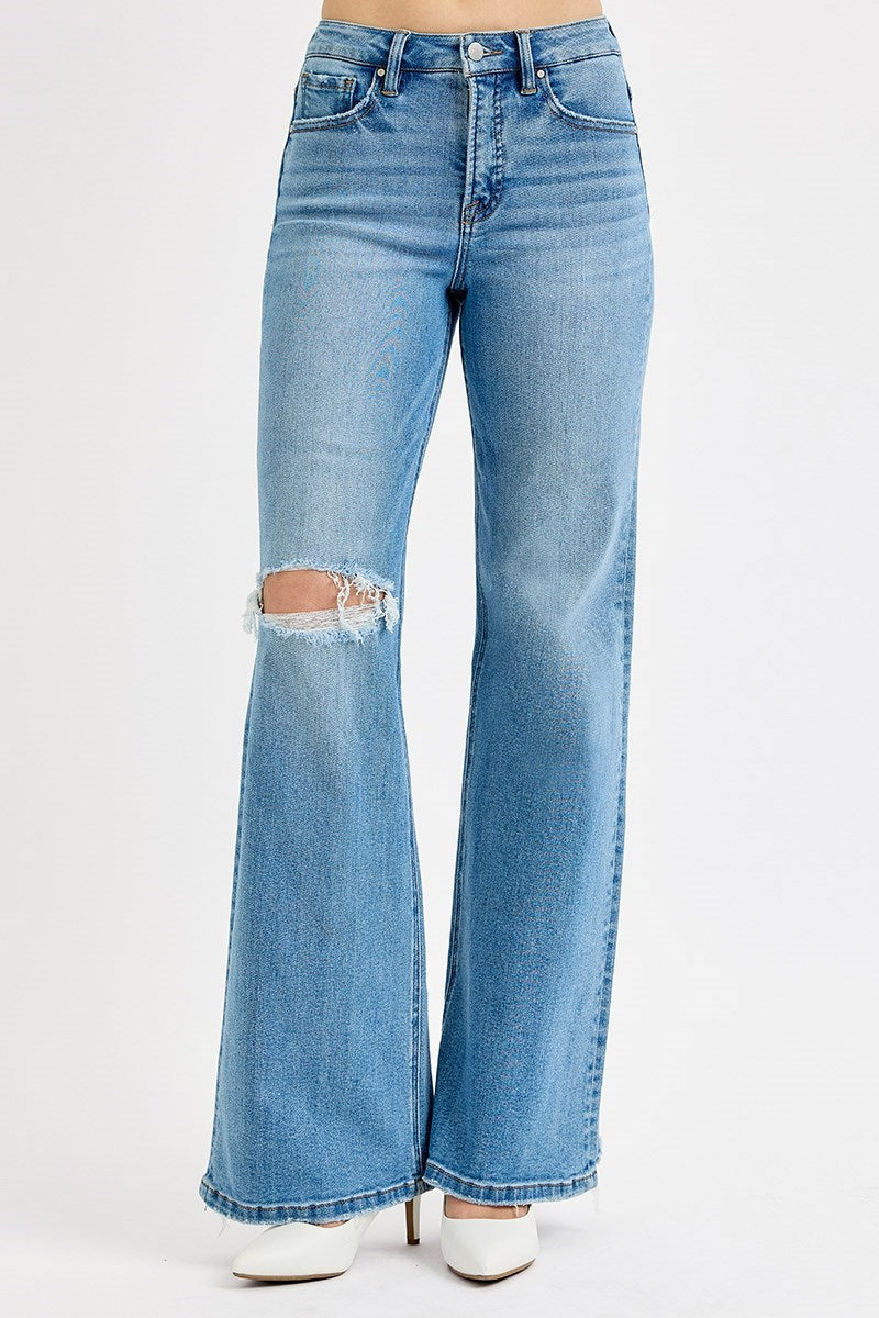 Risen Tummy Control Knee Distress Wide Leg Jeans