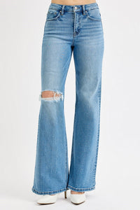 Risen Tummy Control Knee Distress Wide Leg Jeans