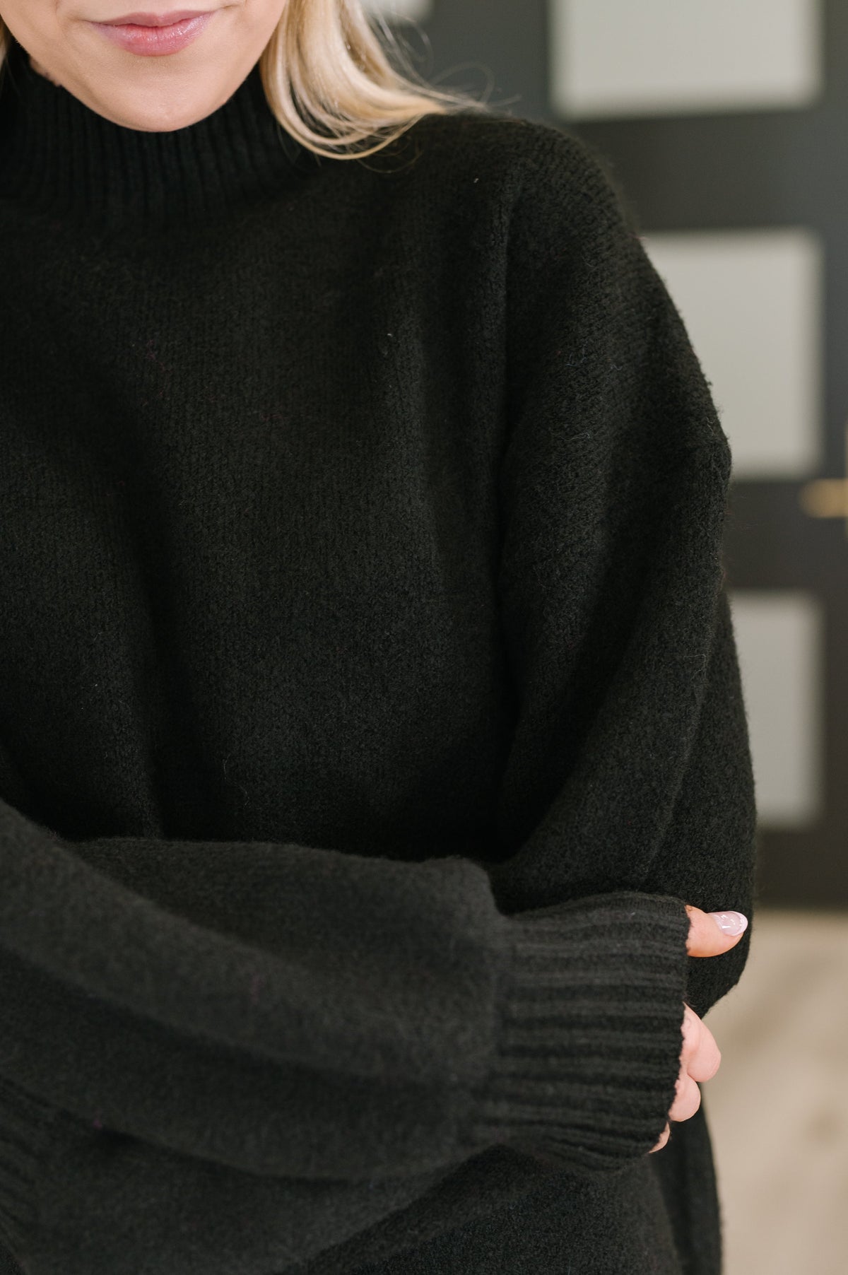 High Neck Pullover Knit Sweater in Black