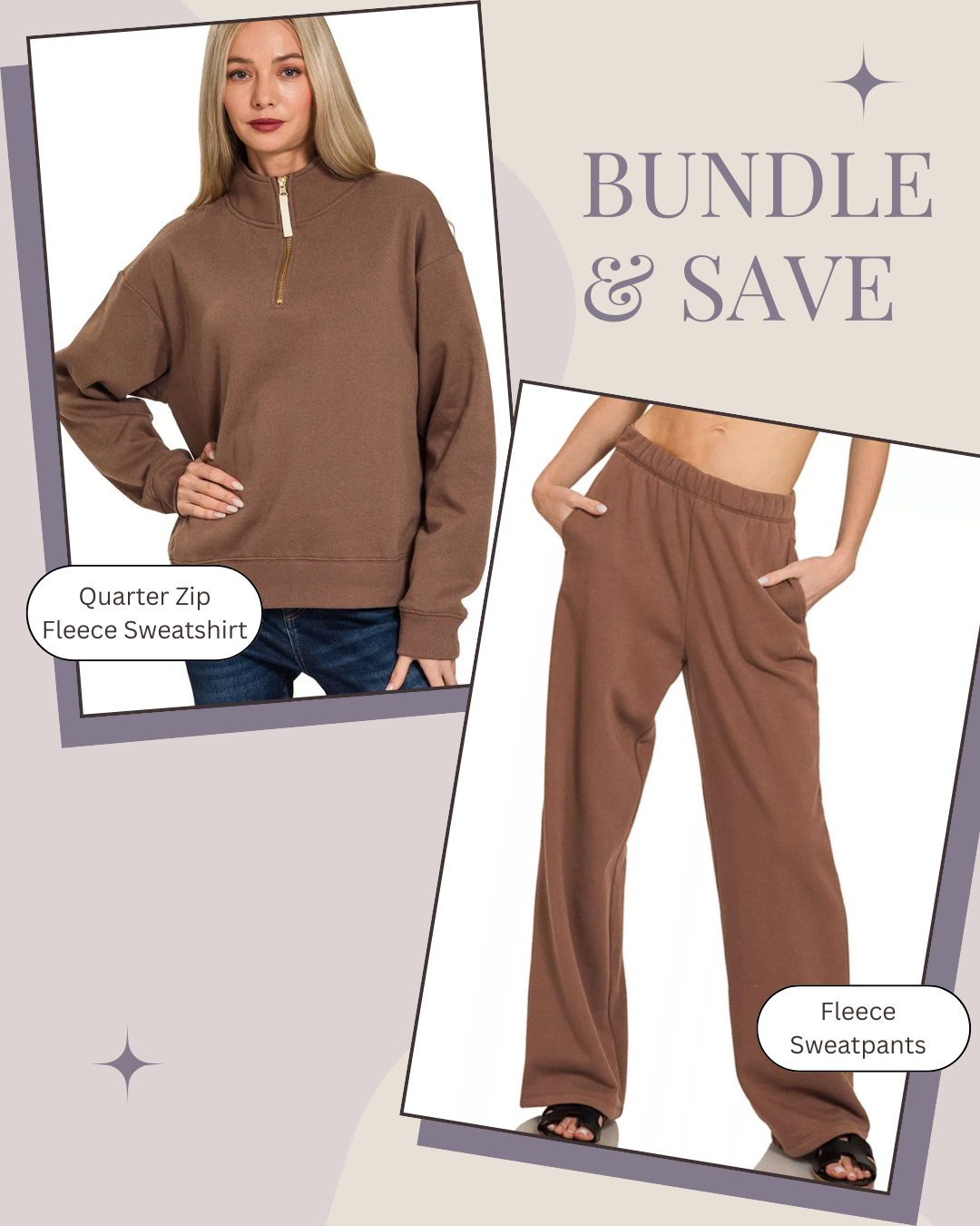 Zenana Quarter Zip Fleece Sweatshirt and Sweatpants in Brown