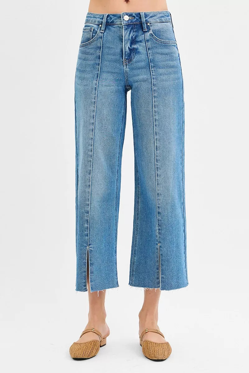 Risen Mid Rise Tummy Control Crop Wide Leg Front Slit Jeans