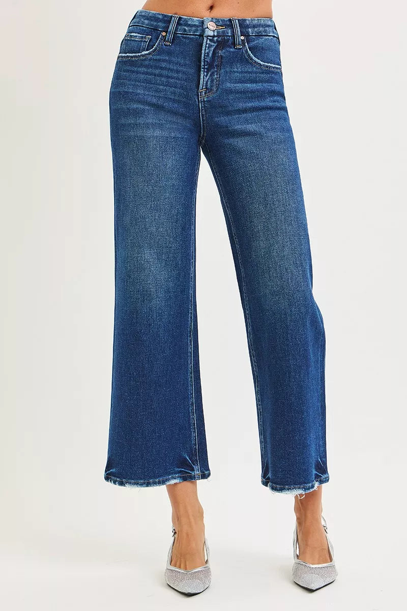 Risen Tummy Control 4 Way Stretch High Rise Crop Wide Leg Jeans