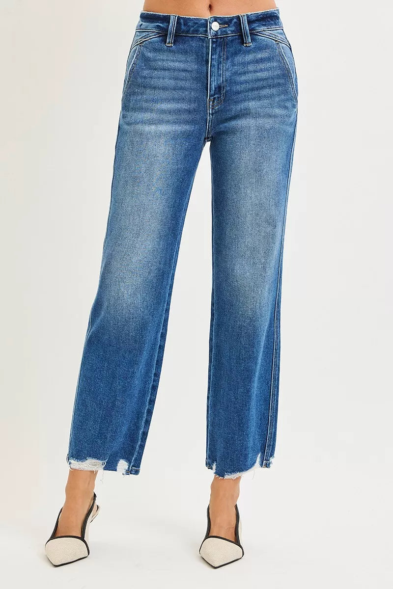 Risen High Rise Ankle Straight Distressed Hem Jeans