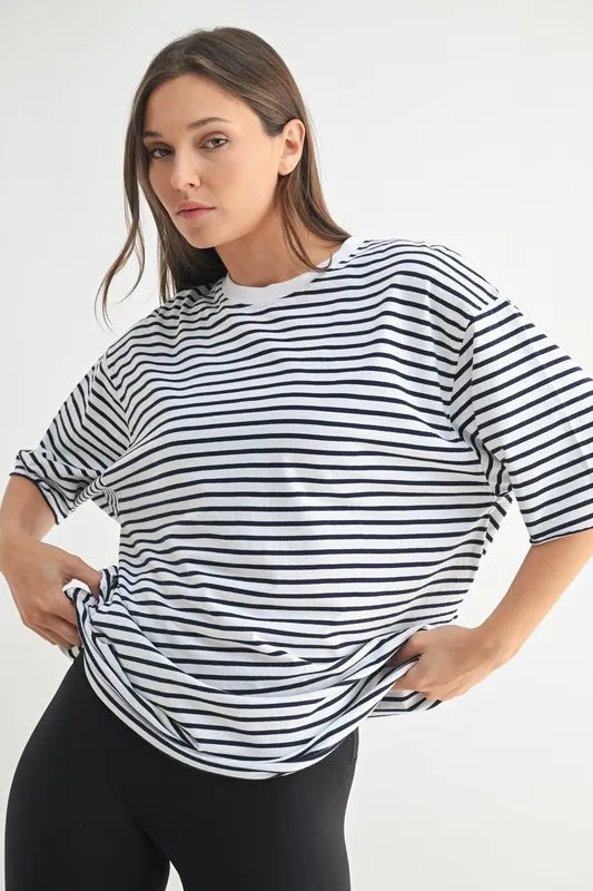 Mono B Coastal Cotton Striped Oversized Crewneck Tee