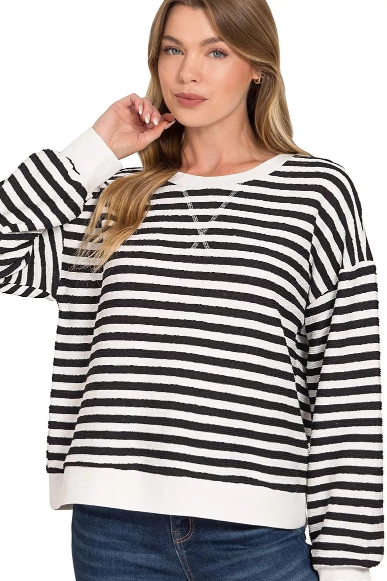 Zenana Striped Round Neck Sweatshirt