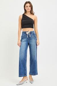 Risen High Rise Drawstring Waist Cropped Wide Leg Jeans