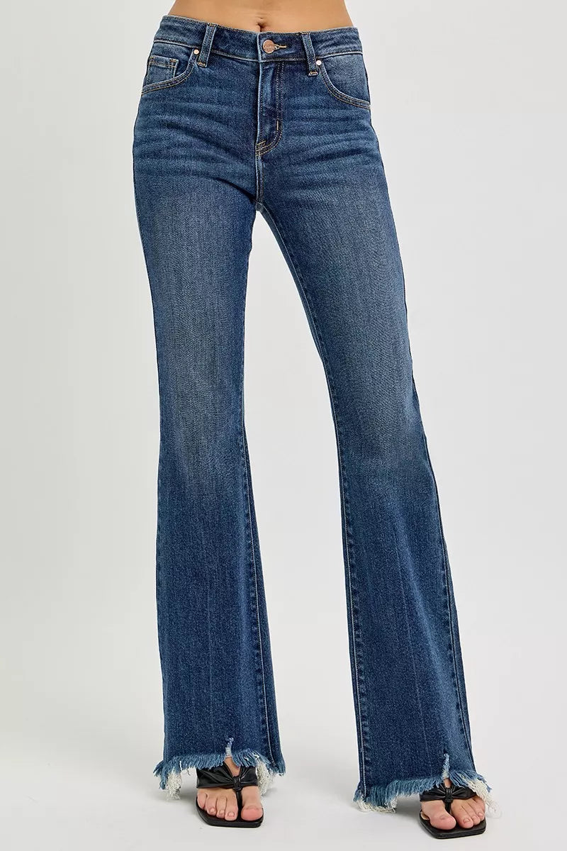 Risen Mid Rise Dark Wash Frayed Hem Flare Jeans
