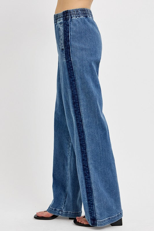 RISEN High Rise Elastic Waist Wide Leg Jeans RDP5893 