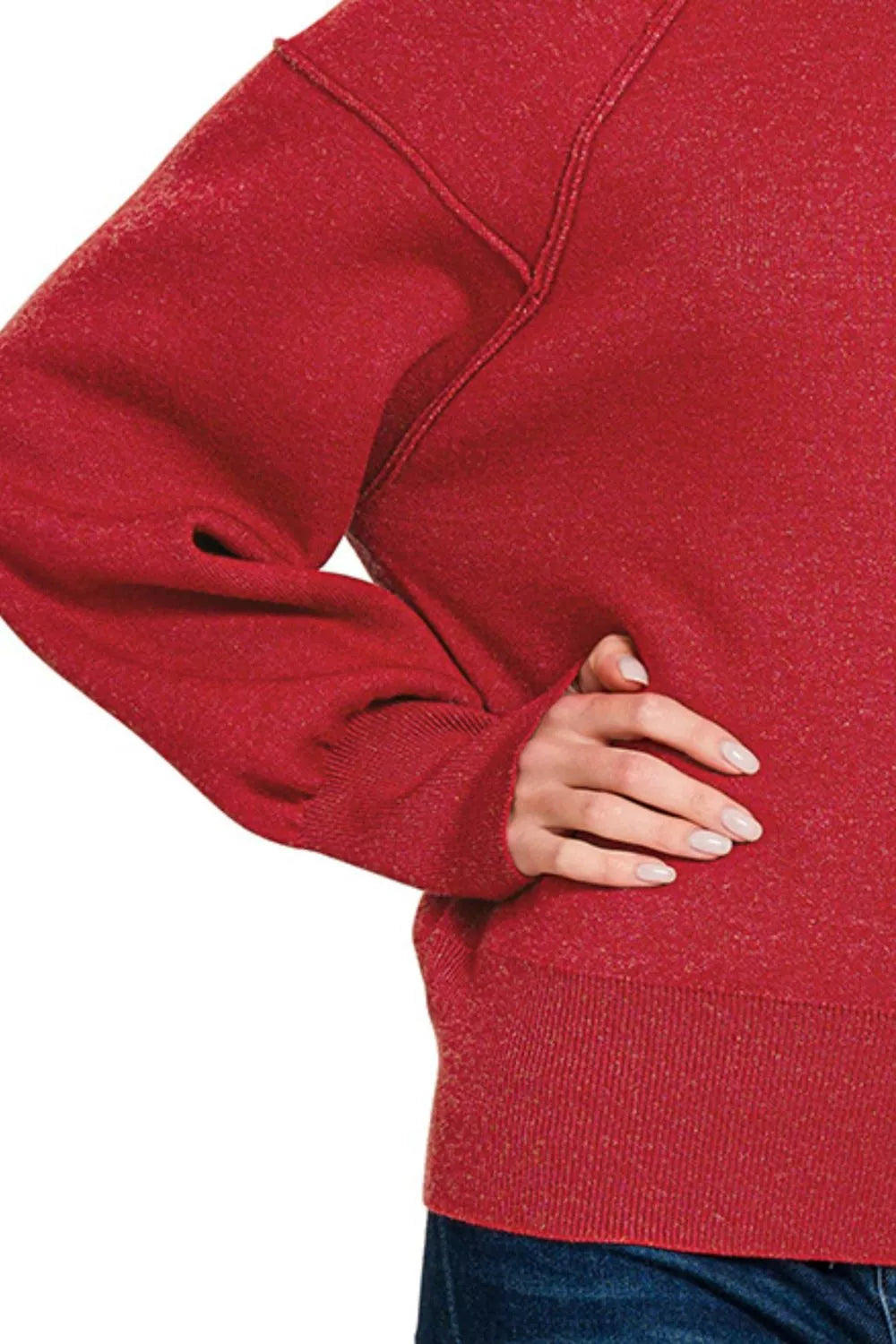 Zenana Red Mock Neck Exposed Seam Sweater