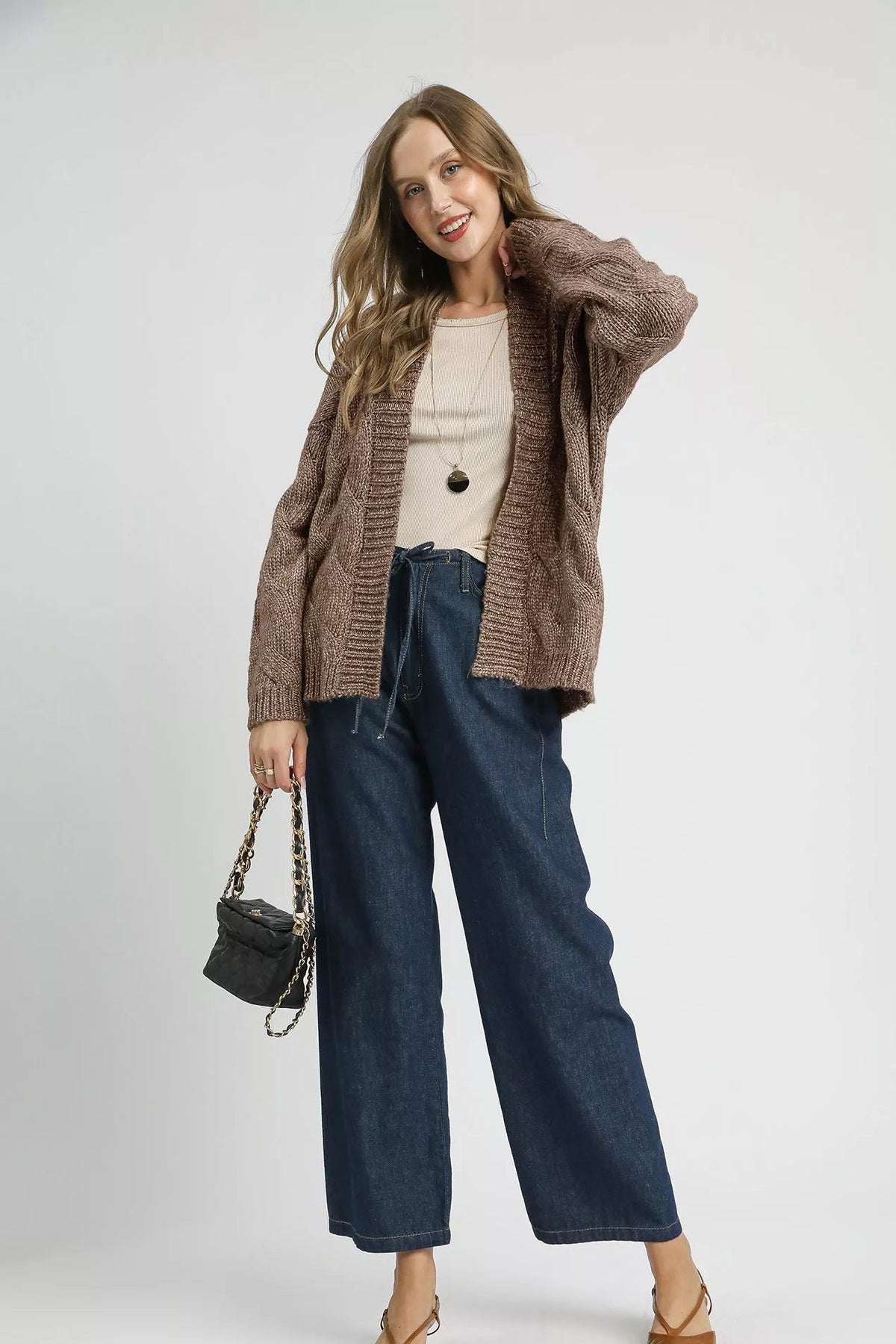 Chunky Cable Knit Open Front Cardigan in Mocha