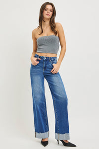 Risen High Rise Wide Leg Jeans with Cuffed Hem