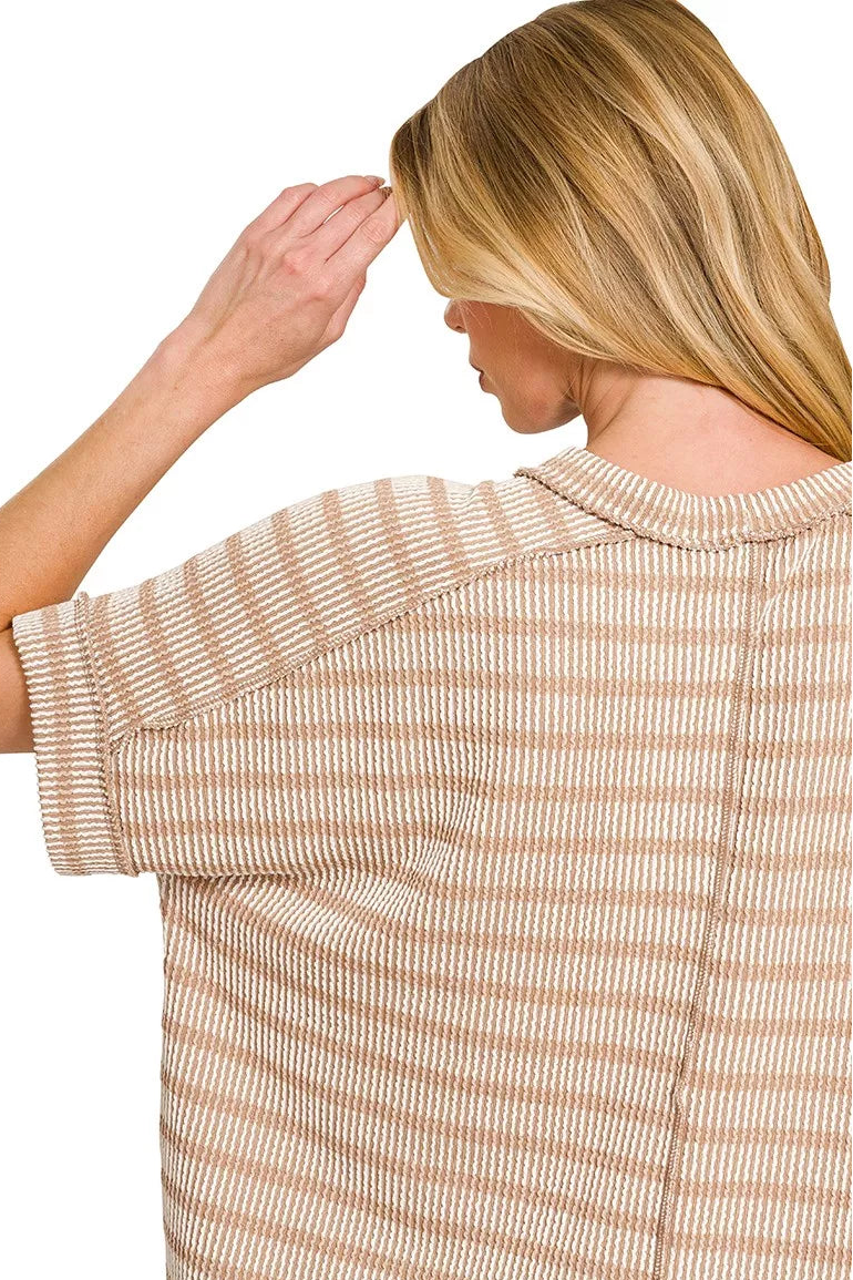 Raised Rib Striped Exposed Seam Short Sleeve Top