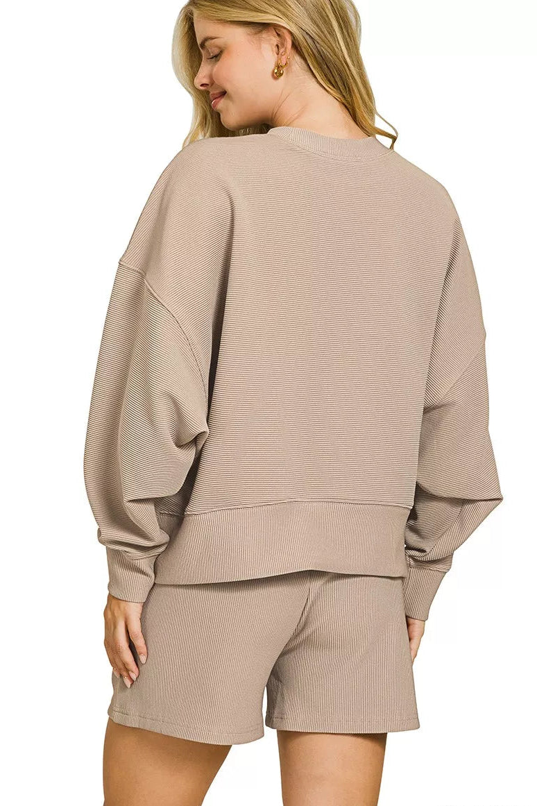 Ribbed Round Neck Pullover and Shorts Set in Ash Mocha