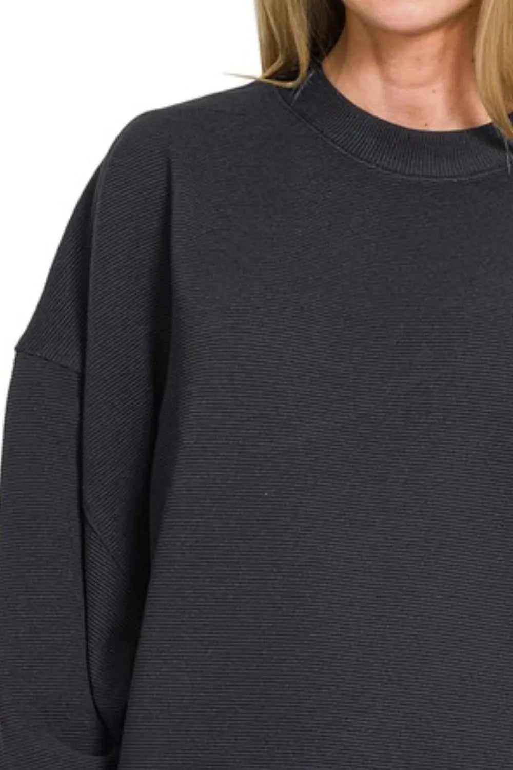 Zenana Ribbed Balloon Sleeve Pullover - Black