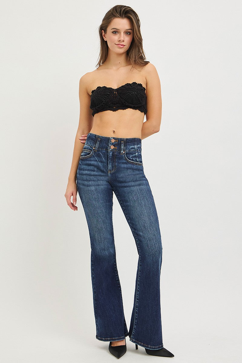 Risen High Rise Flare Jeans With Seam Detail Waistband