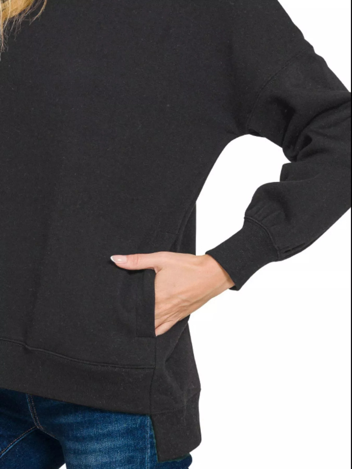 Fleece Hi-Low Boyfriend Sweatshirt with Pockets - Black