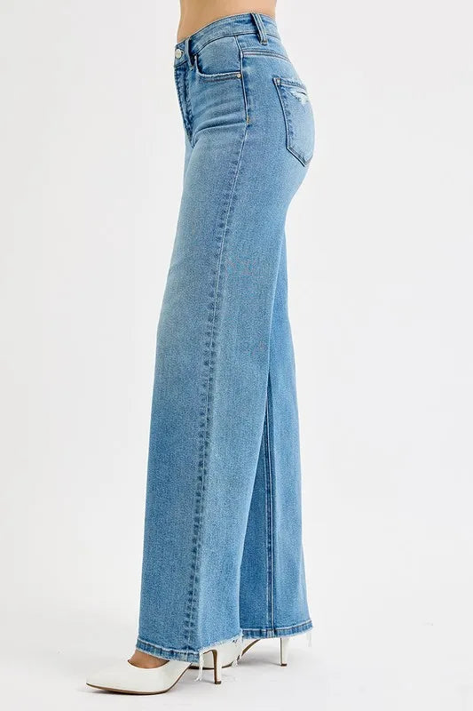 Risen Tummy Control Knee Distress Wide Leg Jeans
