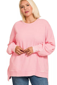 Zenana Acid Washed Double Ribbed Sweatshirt in Dark Pink