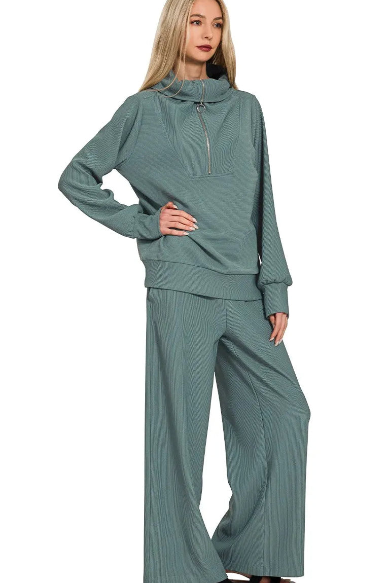 Zenana Ribbed High Neck Half Zip Pullover & Pants Set in Ash Jade