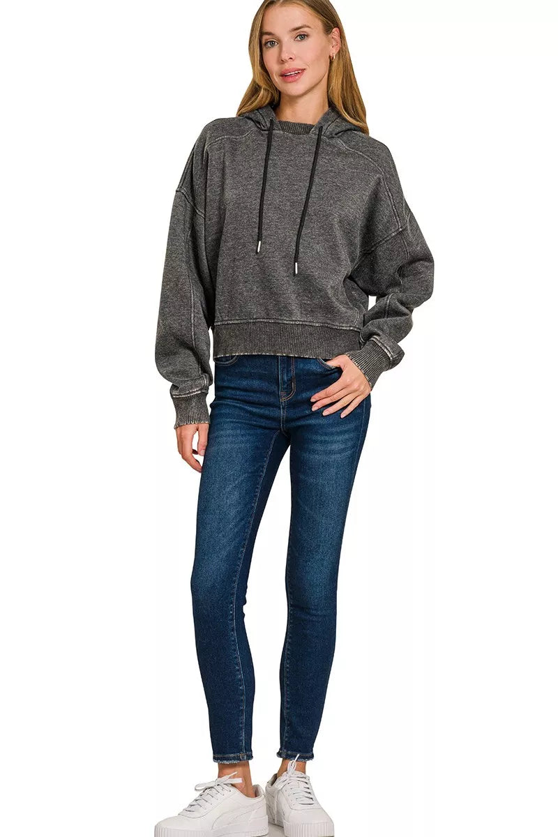 Acid Wash Ribbed Neckline Fleece Hoodie in Black