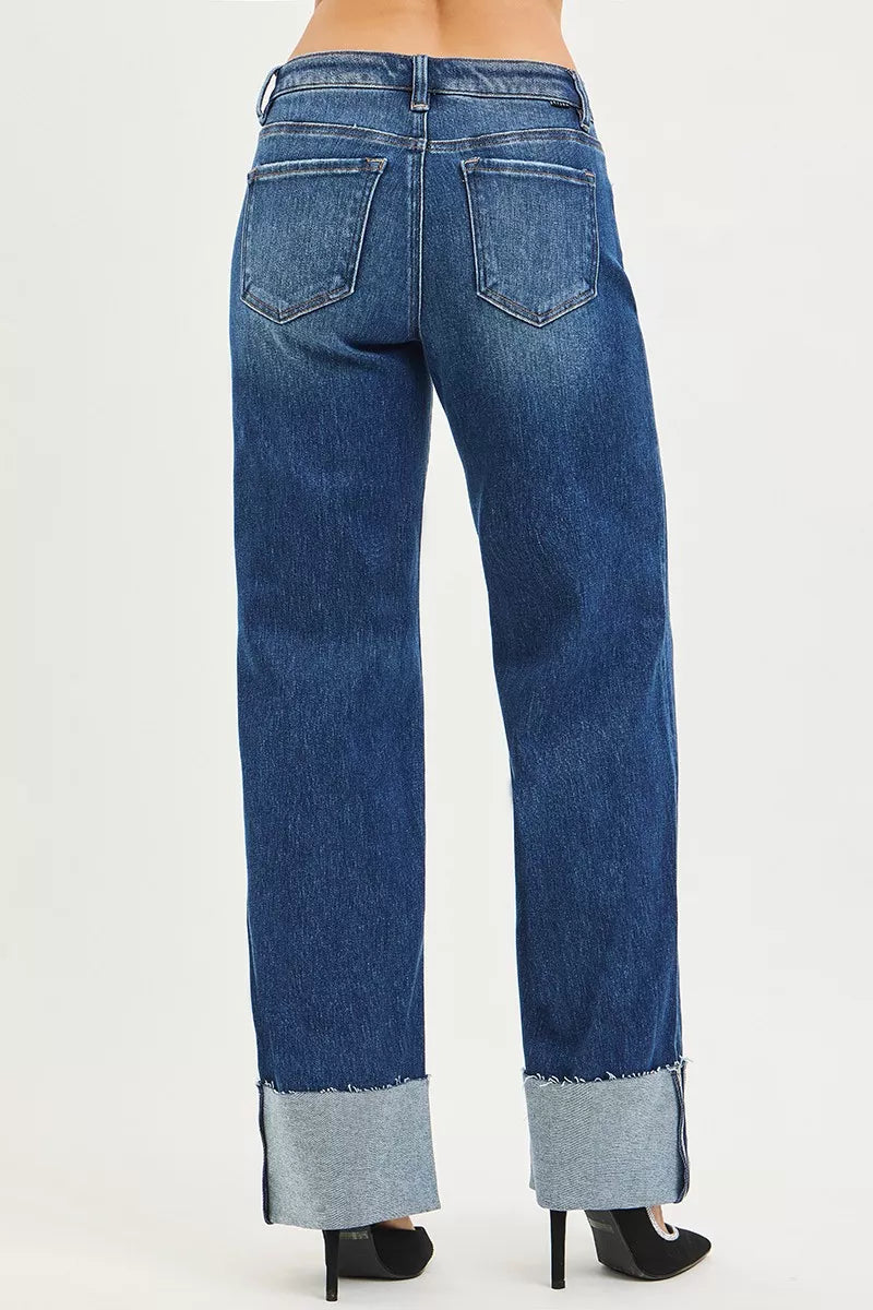 Risen Mid Rise Straight Wide Cuff Jeans
