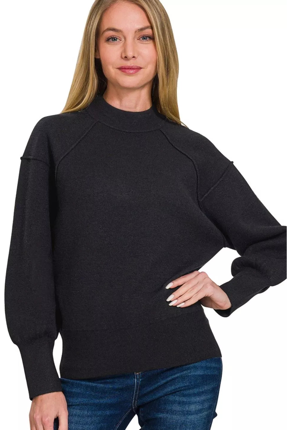 Black Mock Neck Exposed Seam Sweater
