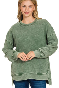 Zenana Acid Washed Double Ribbed Sweatshirt in Dark Green