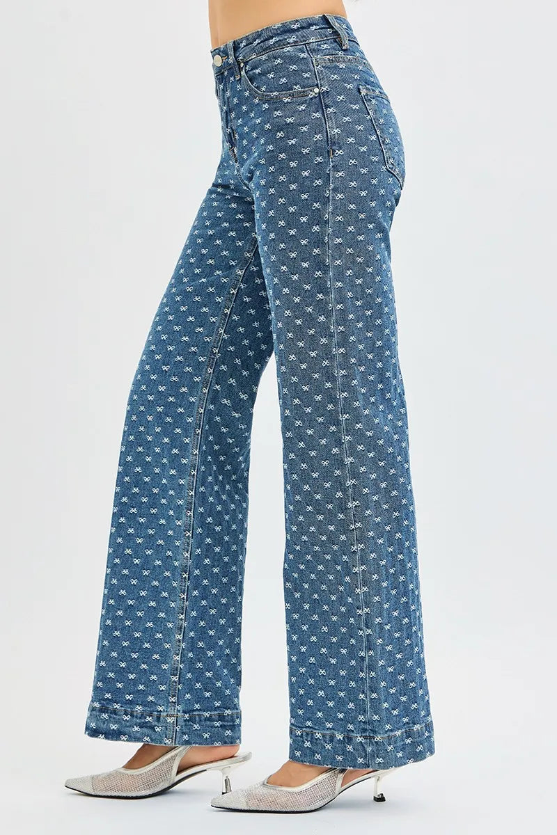 Risen High Rise Wide Leg Bow Embroidered Jeans