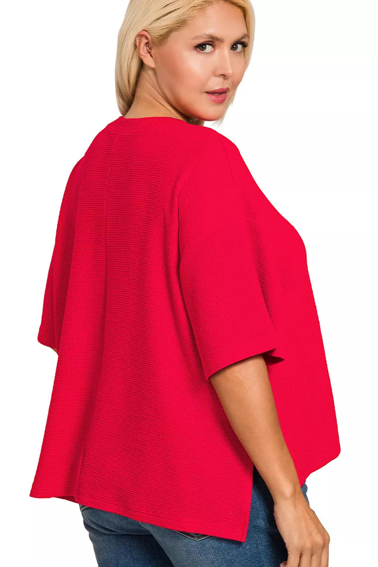 Double Knit Side Slit Hi Low Short Sleeve Top in Ruby Red